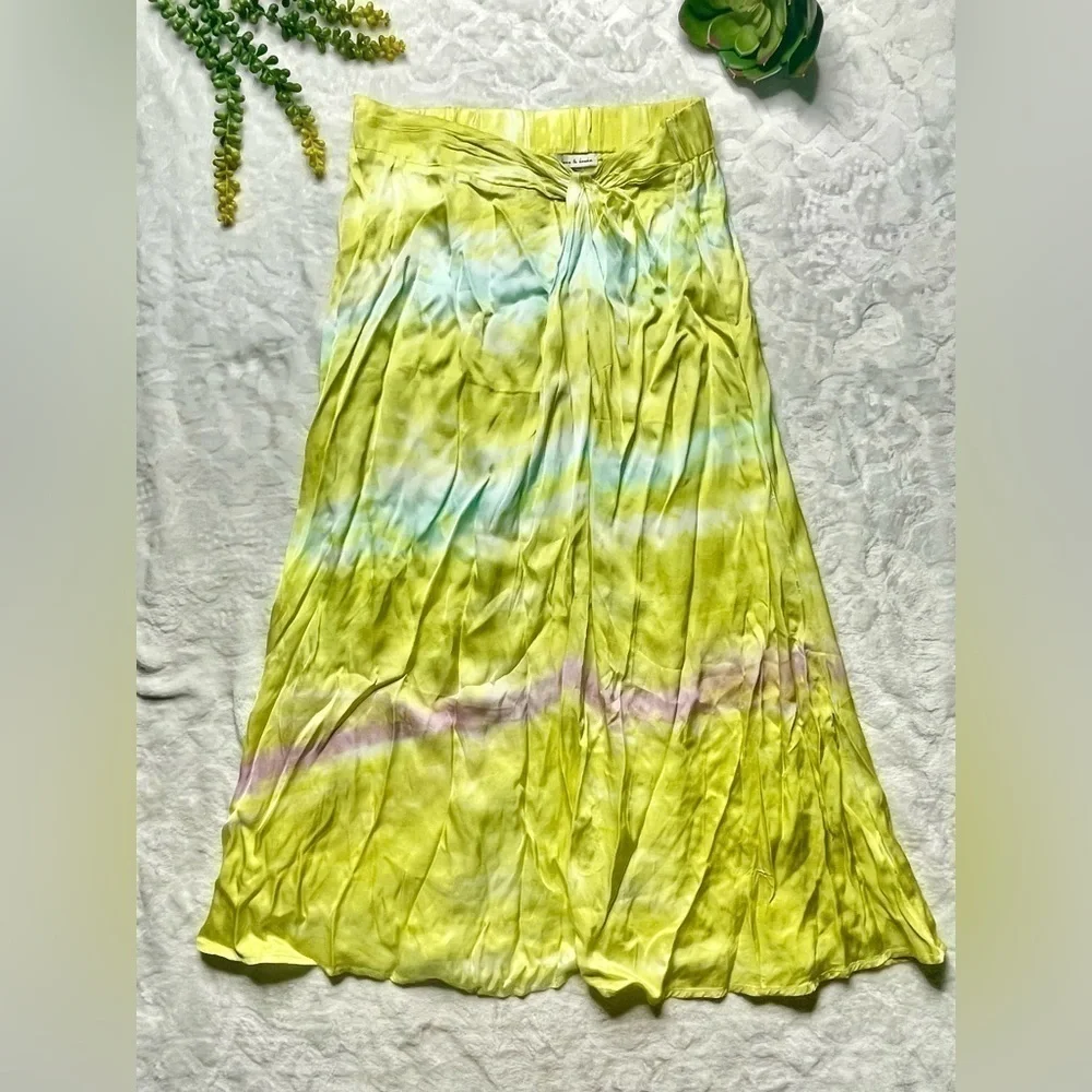 Young Fabulous & Broke Savanna Tie Dye Printed Satin Twist Midi Skirt Lime Small